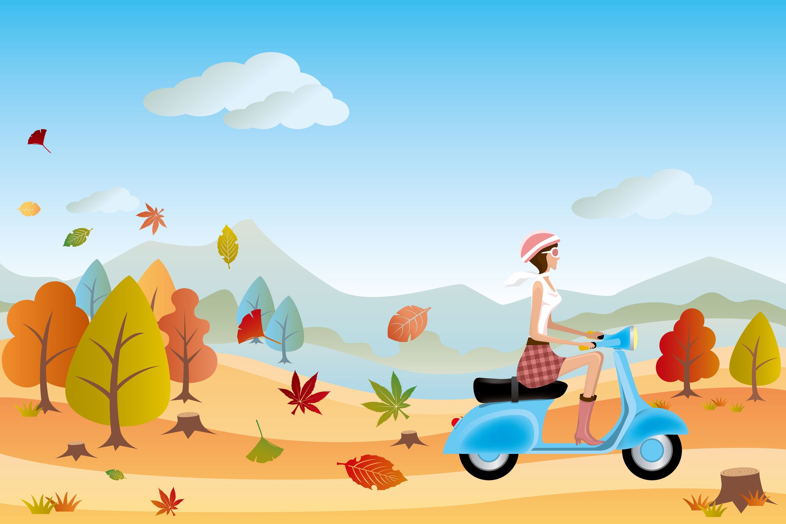 10020534 – autumn landscape and scooter woman.