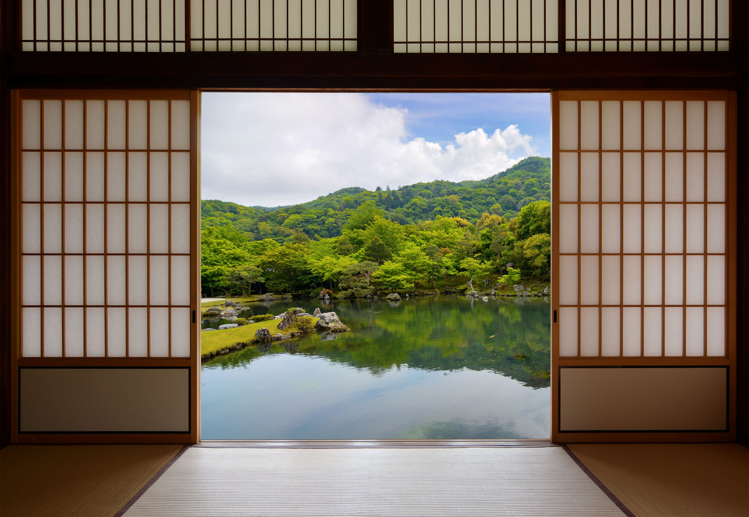 56750168 – japanese sliding doors and beautiful pond garden